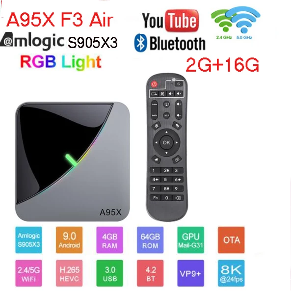 Android 9,0 RGB светильник Smart tv Box Amlogic S905X3 USB3.0 1080P H.265 4K 60fps Wifi Google Play Netflix Youtube A95X F3 Air 8K - Цвет: 2G 16G