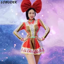 Блестящие стразы, короткое платье, красный бант, головной убор, комплект из 2 предметов, праздничные вечерние костюмы для бара, ночного клуба, танцевальный костюм, женский костюм для танцевальной команды