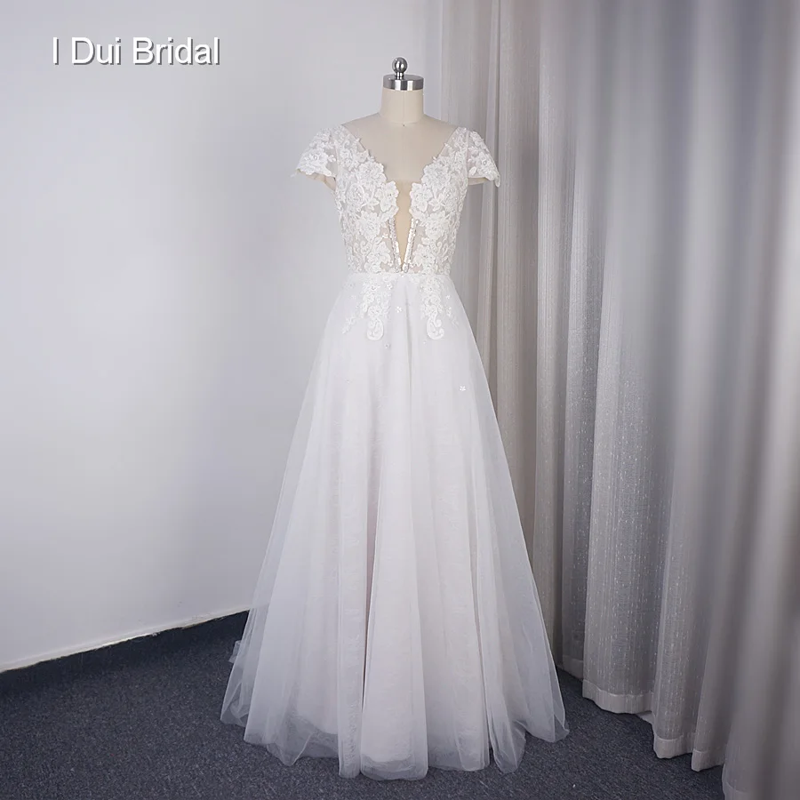 Cap Sleeve Lace Wedding Dress Deep V Neckline Low Back Light Bridal Gown