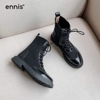

ENNIS Black Ankle Boots For Women Lace Up Flat Boots Genuine Leather Womens Knitted Boots Autumn Winter Martin Shoes NEW A9351