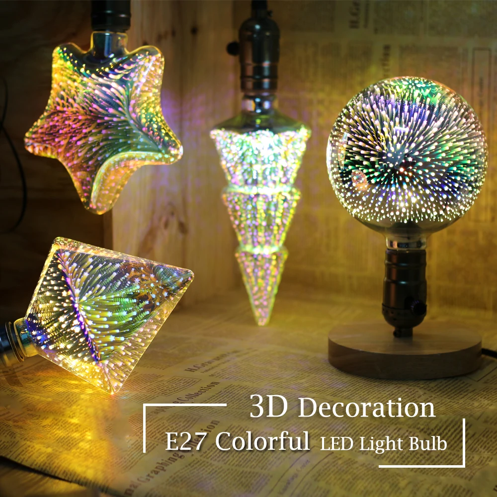 3D светодиодный светильник Эдисона лампа E27 220 В 4 Вт 3D фейерверк эффект винтажные лампы накаливания для праздника светильник s Рождественское украшение