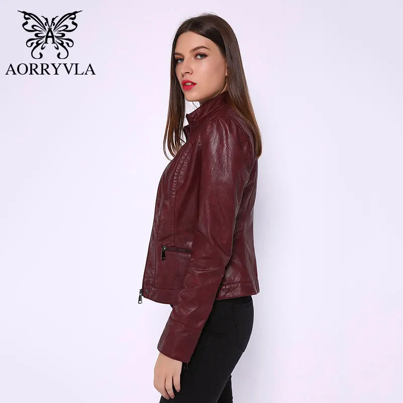 Куртка AORRYVLA женская из искусственной кожи приталенная Черная байкерская верхняя