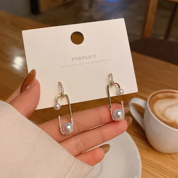 

Pearl Crystal Dangle Drop Earrings For Women Temperament Geometric Rectangle Korean Earring Wedding Fashion Jewelry