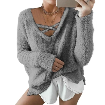

Autumn New Loose Solid Color Sweater Women Warm Comfortable Corn Velvet V-neck Cross Rope Multicolor Clothes Women