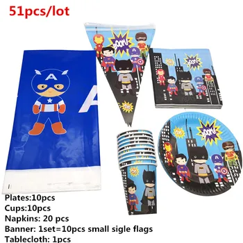 

51pcs Captain America/Batman/Iron man/Superman Theme Banner Birthday Party Decorate Napkins Plates Cups Baby Shower Tablecloth