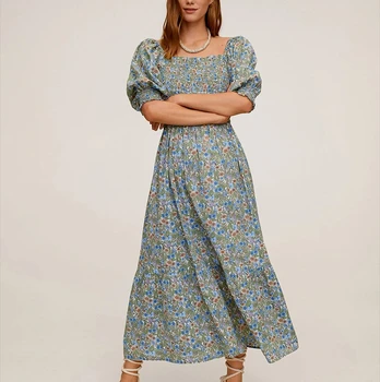 

2019 Korean Fashion Clothing New Summer Dress Women Vintage Square Collar Lantern Sleeve Floral Print Elegant Long Dress