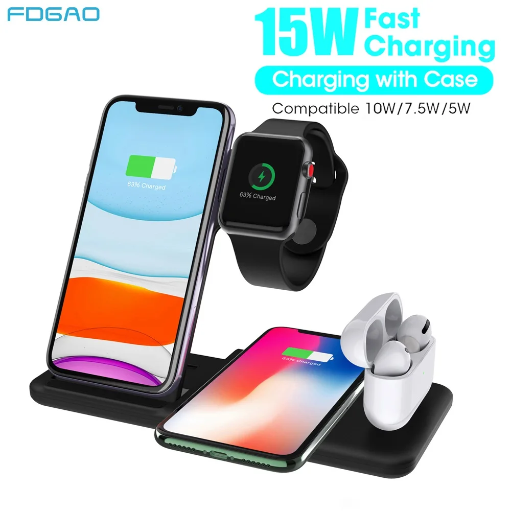 

FDGAO 4 in 1 Charging Dock Station For Apple Watch Airpods Pro 15W Qi Fast Wireless Charger Stand For iPhone X 11 Pro XR Xs Max