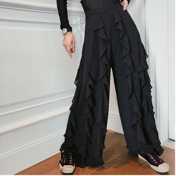 

XUXI 2019 New Women Pant Ruffle Stitching High Waist Wide Leg Black Wild Chiffon Casual Women Pants Vintage FZ0067