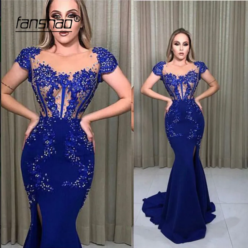

See Through Evening Dresses Mermaid Appliques Slit Illusion Islamic Dubai Saudi Arabic Long Elegant Evening Gown Long Prom Dress