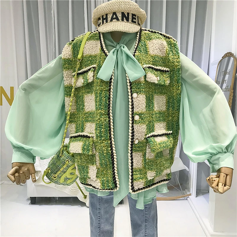 

Winter Sleeveless Vest Women Plaid Thick Warm Polar Fleece Fabric High Street Pockets Single Breasted Abrigos Baratos De Mujer