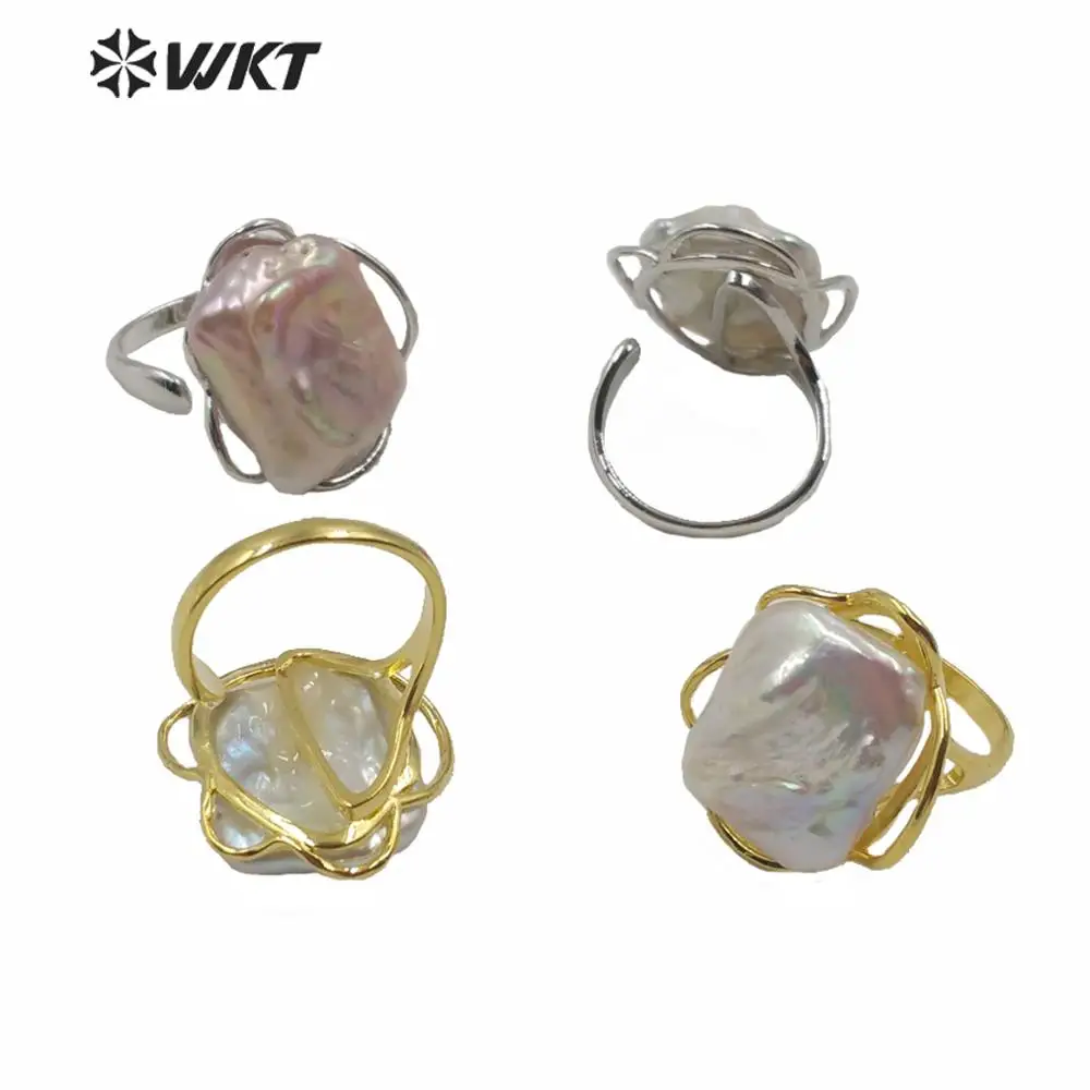 

WT-R354 Woman Fashion natural baroque pearl ring square pearl with gold electroplated wire wrapped ring adjustable size