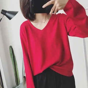 

Women's Sweater Solid Color Sweater Deep V-neck Top Stretch Cotton Tight Bottoming Long-sleeved Knitwear Code