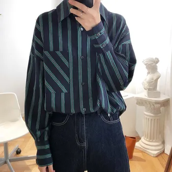 

Green Striped Long Sleeve Loose Blouses Women 2020 Spring Autumn Vintage Casual Turn-Down Collar Button Spliced Lady Shirt Tops