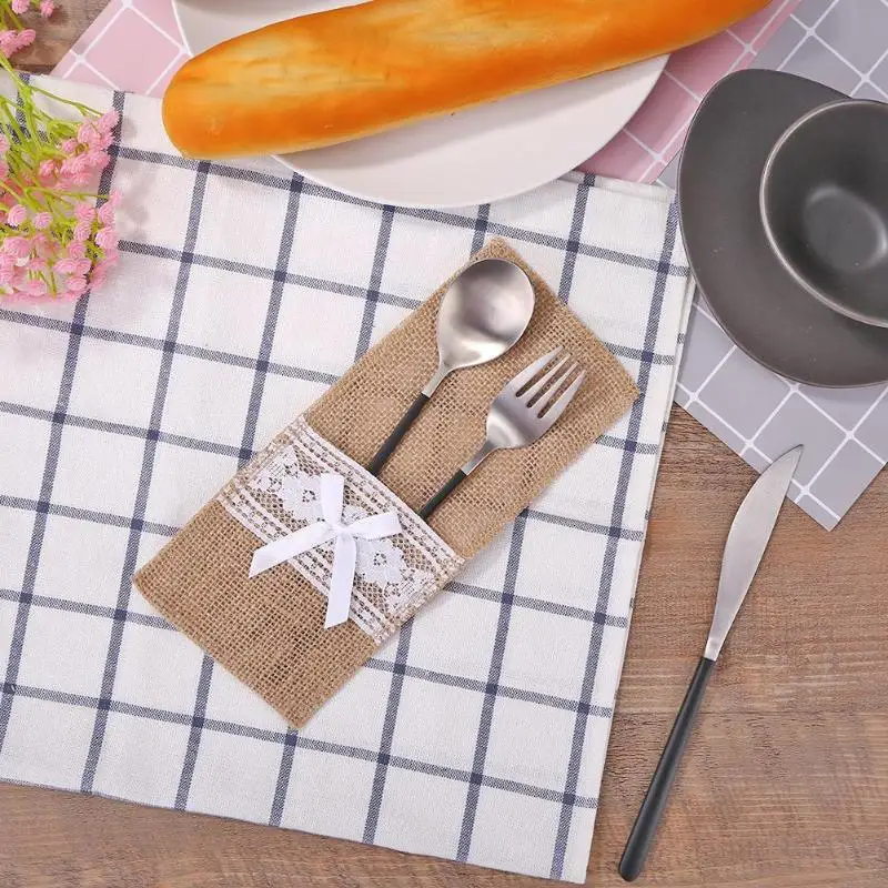 10 шт. DIY мешковины кружева держатели столовых приборов винтажный джутовый карман для столовых приборов посуда свадебные украшения стола сумки для хранения инструментов