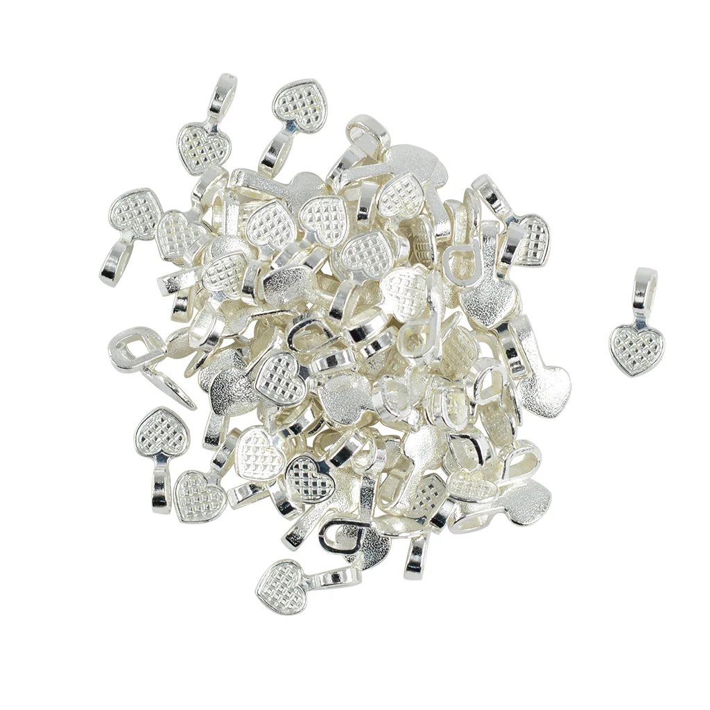 100 Pieces Shiny silver color White Plated Heart Glue on Bails Setting For Necklaces Earring Pendant Jewelry Design