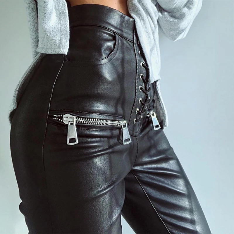 Lace-up Zipper Leather Pants Women 