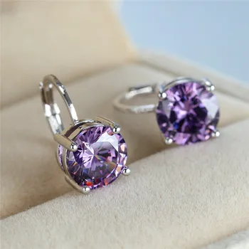 

Cute Female Purple Crystal Stone Earring Charm Rainbow Silver Color Clip Earrings Trendy Bridal Round Wedding Earrings For Women