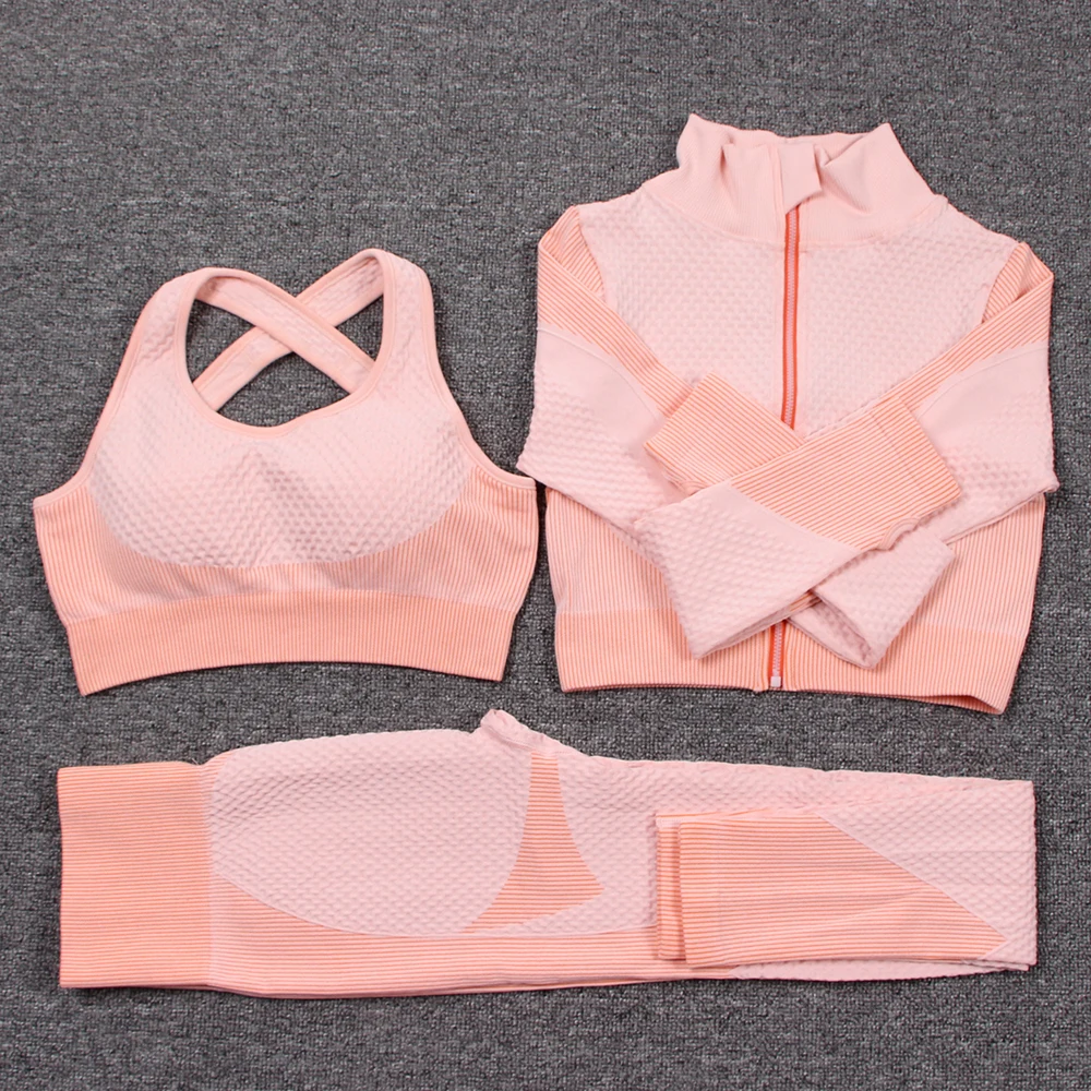 3 Pieces Set Seamless Sport Set Women Running Gym Clothing Tracksuit Sportswear Crop Top Yoga Pant Workout Set Fitness Clothes
