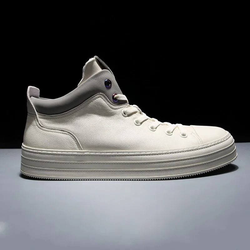 Genuine Leather Mens High Top Casual Leather Shoes Korean Breathable Lace Up Round Toe Mixed Colors Thick Bottom Sneakers Shoes
