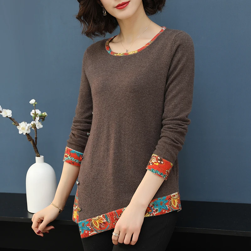 YISU осенне-зимний женский свитер с круглым вырезом и длинными рукавами, пуловер с неровным принтом, тянущийся свитер, теплый вязаный свитер для женщин - Цвет: KA SE