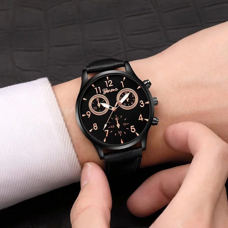 

GENEVA Men Watch Mens Fashion Leather Watches Black Gold Male Clock Quartz wristwatches Alloy Ultra-thin Dial Relojes masculino