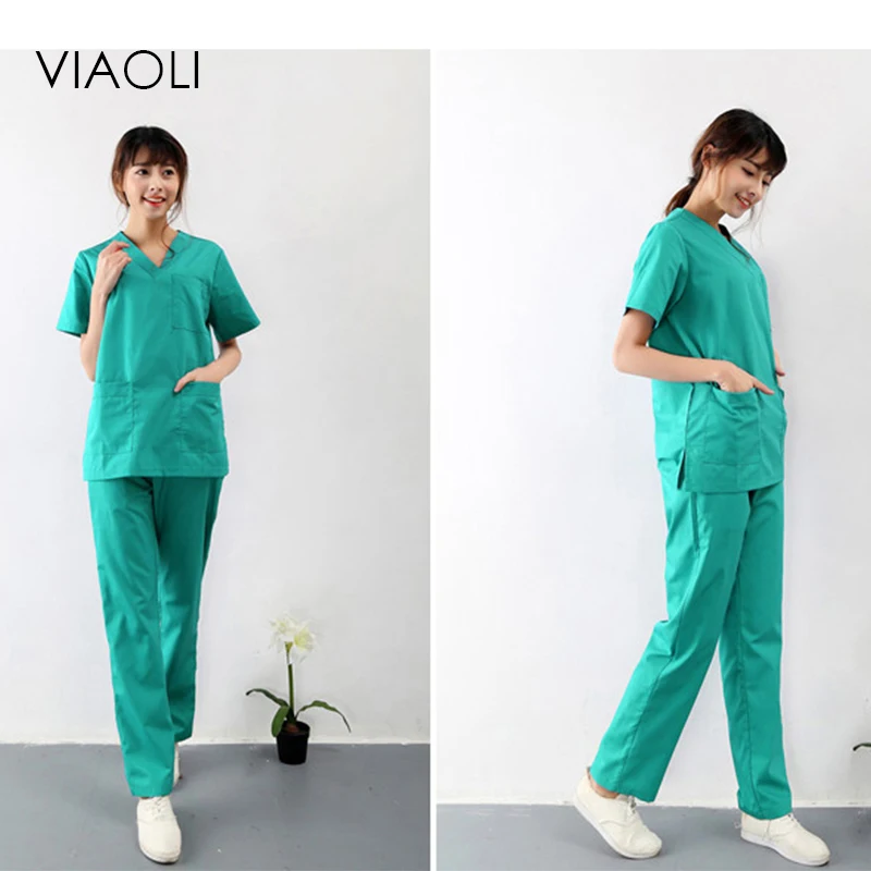 Viaoli 2018 new summer short-sleeved surgical clothing men and women doctors suits split brush suit Green suit