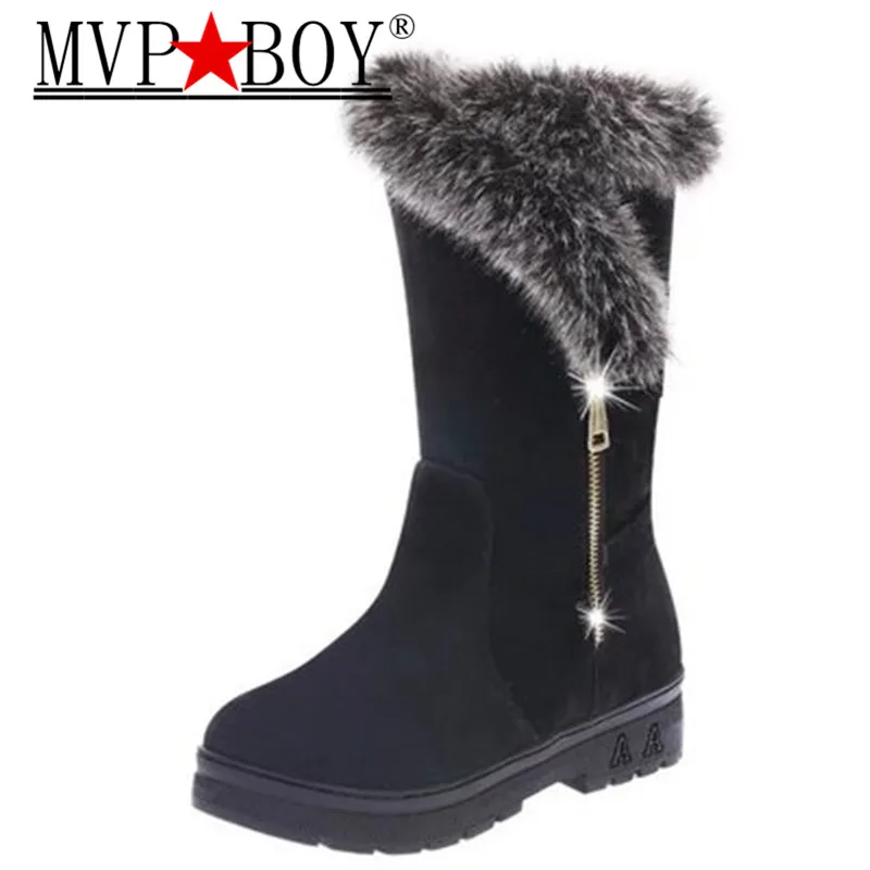 Mvp Boy высокое качество зимние сапоги женская теплая обувь Сапоги на платформе на низком каблуке Черные и темно-красные туфли искусственным мехом красного цвета женские ботинки на снежную погоду размеры 36–41