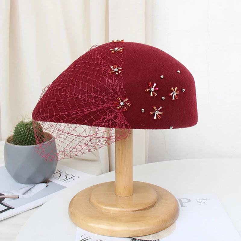 FS Классический женский красный шерстяной берет Цветочная вуаль Pillbox шляпа фетровые шляпы для невесты Свадебная вечеринка черные шапки художника - Цвет: Wine Red