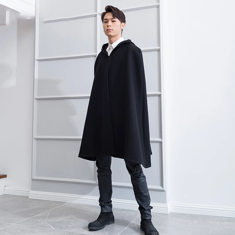 Gray Hooded Long Wool Tie Neck Cape Cloak