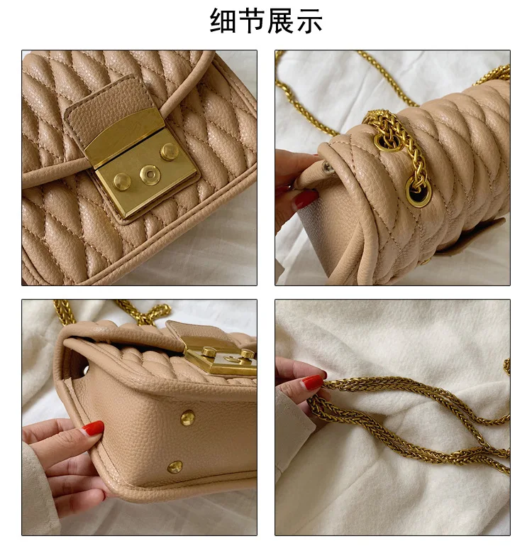 

2019 Autumn New Style WOMEN'S Bag Korean-style Rhombus Chain Bag INS-Style Ladies' Solid Color Pleated Lock Square Sling Bag