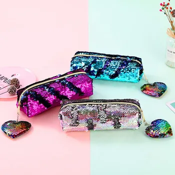 

1 Piece Cute Sequin Pencil Case for Girls School Supplies Heart Pendant Pencil Case School Stationery Gift