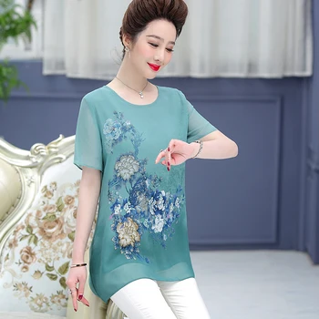 

Women Silk Tops Summer Floral Printed Blouse Elegant Short Sleeve Shirt Lady Vintage Soft Silk Chiffon Clothes
