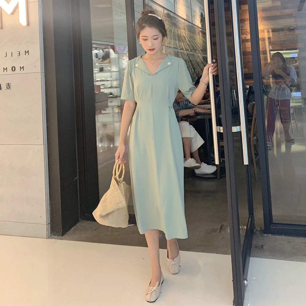 

France Non-mainstream WOMEN'S Dress 2019 Summer New Style Retro Laziness-Style Small Fold-down Collar Single Breasted Waist Hugg