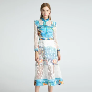 

Red RoosaRosee Designer Women new autumn fashion ruffles white mesh long sleeve stand collar dress