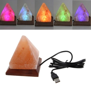 

Triangle Hand Carved USB Wooden Base Himalayan Crystal Rock Salt Lamp Air Purifier Night Light