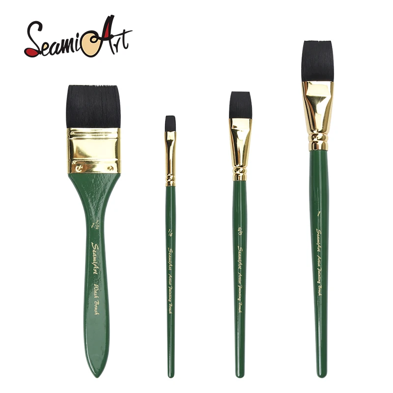 1pc Imitated Animal Nylon Hair Flat Artist Paint Brush Geen Short Holder Watercolor Acrylic Gouache Wash Brush Art Supplies 2
