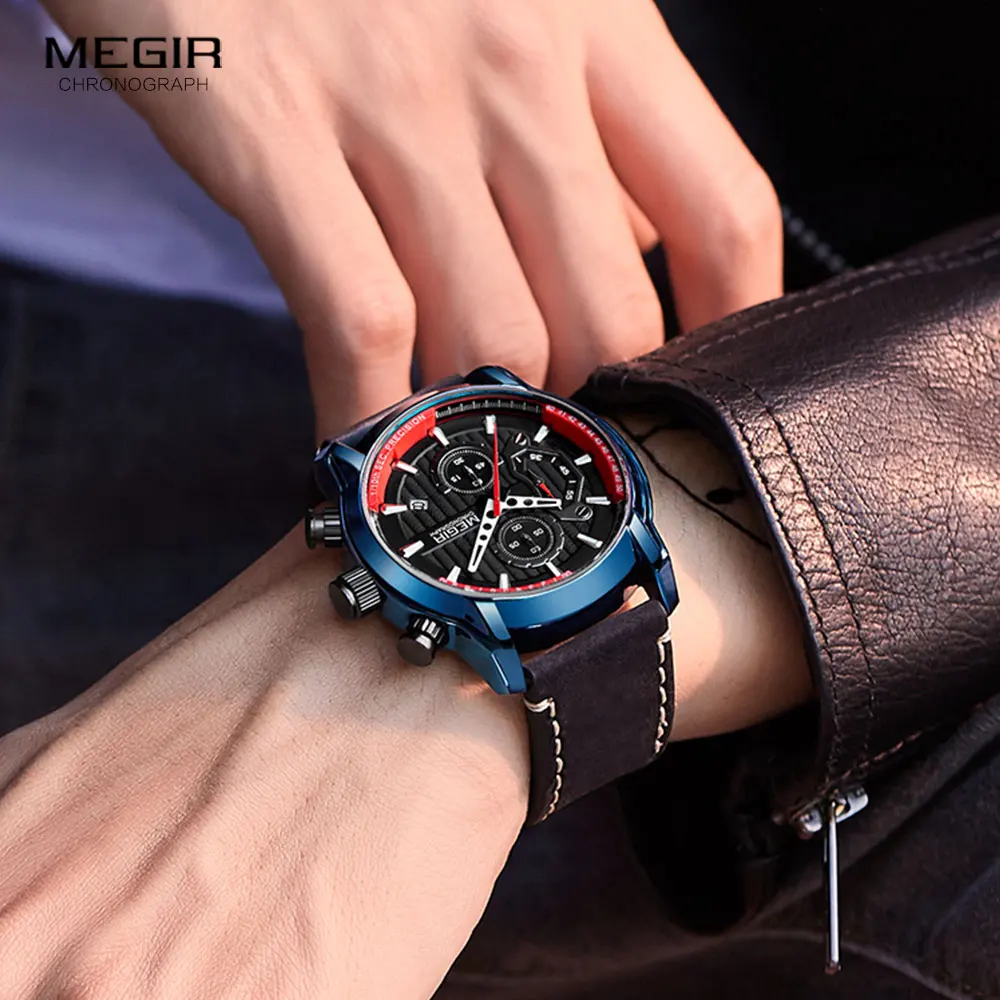 Megir Luxury Chronograph Quartz Watches Men Top Brand Leather Wristwatch Man Waterproof Luminous-4