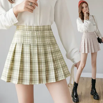

Plaid Pleated Skirt Short Skirt Woman 2020 Defence Wardrobe Malfunction School Wind High Cashew Nut Green A Word Half-body Skirt