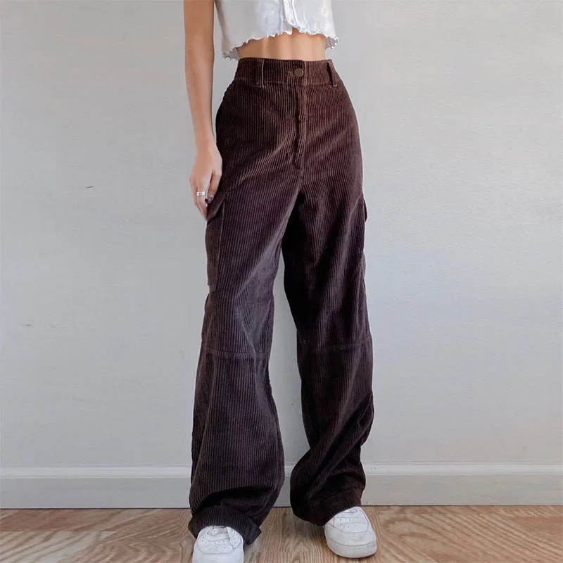 

Autumn and Winter Side Pocket New Function Design Sports High Waist Button Loose Corduroy Casual Punk Pants 2020 Fall Fashion