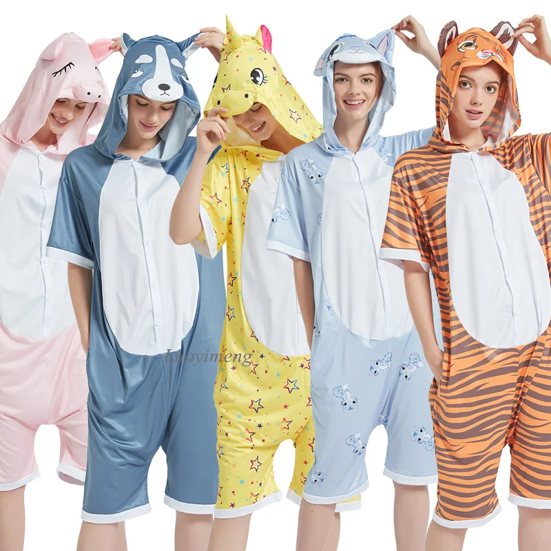 Summer Cartoon Kigurumi Pajamas Animal Pyjamas Women Unicorn Onesies For Adults Sleepwear Jumpsuit Hooded Cat Fox Panda Pijamas
