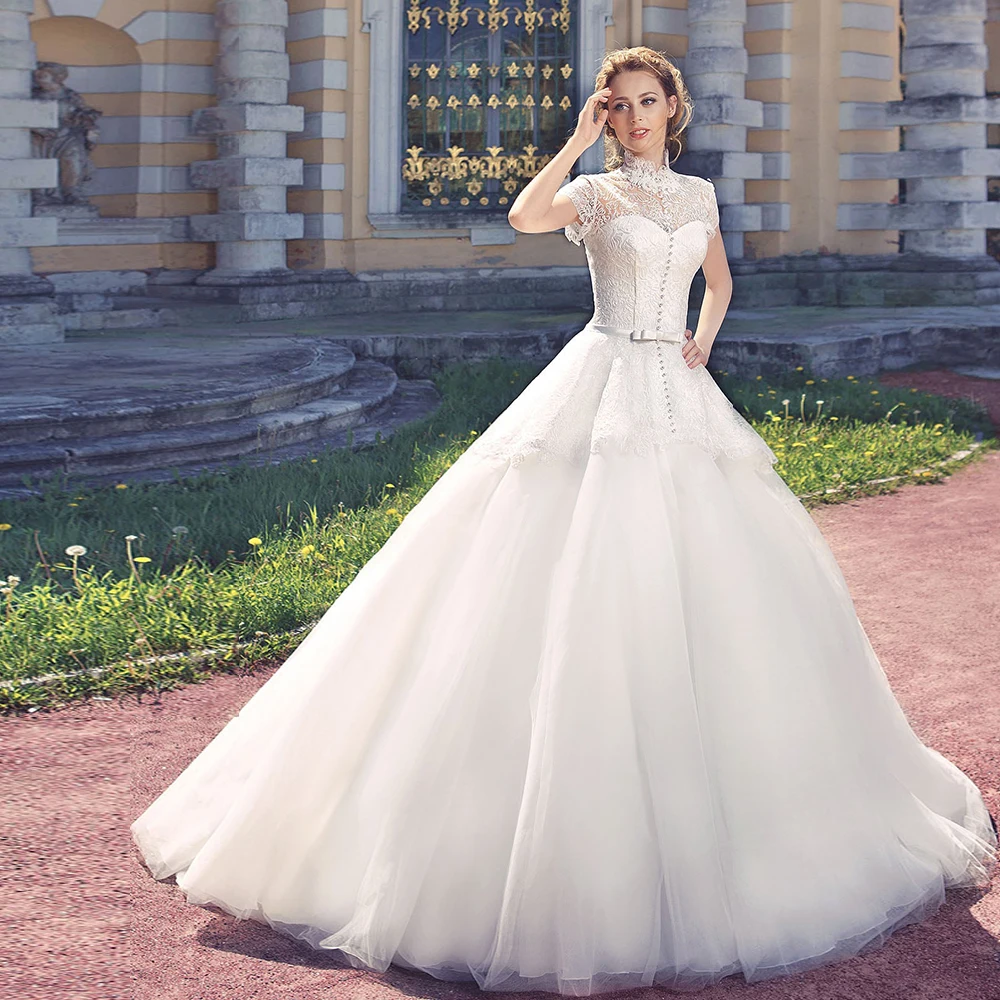 Robe De Mariee, свадебные платья с коротким рукавом, открытая спина, бант, жемчуг, кружево, тюль, а-силуэт, платья принцесс, Abito Da Sposa