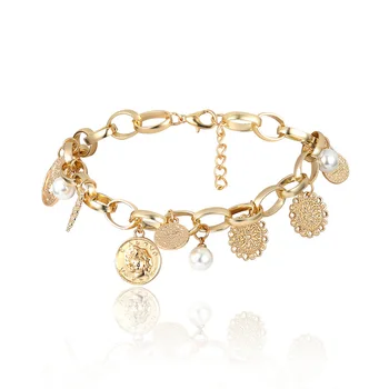 

New style cross-border ornament, exaggerated portrait, multi-element retro-relief flower disc, imitation pearl custome necklace