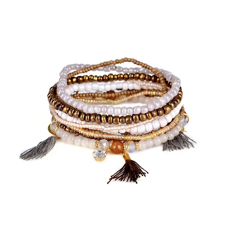 Ethnic Bohemian Tassel Beach Charm Bracelets For Women Boho Multilayer Beads Crystal Beaded Jewellery Bracelet Set Femme 2019
