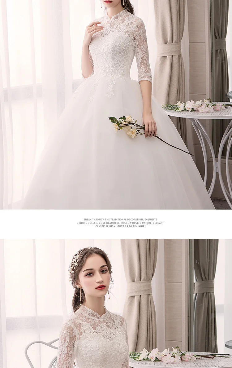 Белые дешевые свадебные платья с коротким рукавом, с высоким воротом, с кружевной аппликацией, бальное платье, элегантные свадебные платья для невесты, Vestido Novia