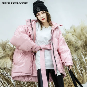 

ZURICHOUSE 2020 Winter Jacket Women Hooded Bandage Bright Surface Down Padded Parka Thicken Warm Oversized Puffer Jackets Ladies