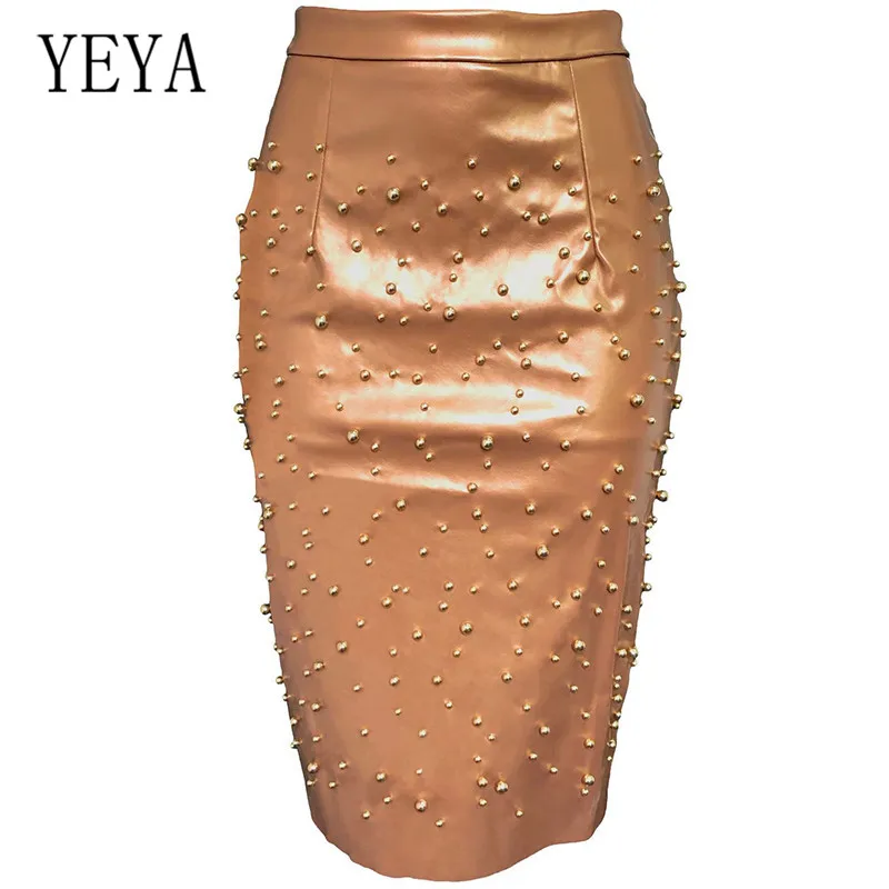 YEYA размера плюс M-XXL, высокая талия, вышивка бисером, искусственная кожа, юбка-карандаш, Женская Осенняя Зимняя юбка, сексуальная юбка-бандаж, Faldas Jupe - Цвет: Brown