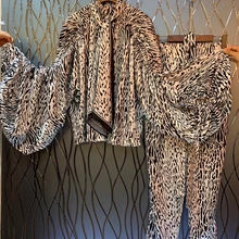 Ранняя осень новые женские кружева, шеи, Леопардовый принт рукав, регулируемая рубашка и брюки костюм 820