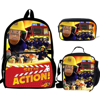

3PS Cartoon Fireman Print Backpacks Children Boys School Bag Mochila Girls Daily Shoulder Lunch Bag Set Pencil Croobody