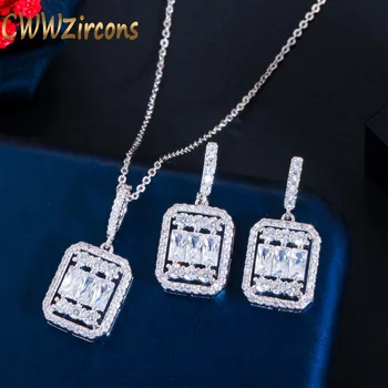 

CWWZircons Fashion Brand Shiny Cubic Zirconia Women Engagement Party Jewelry Square Cut CZ Pendant Necklace and Earring Set T471