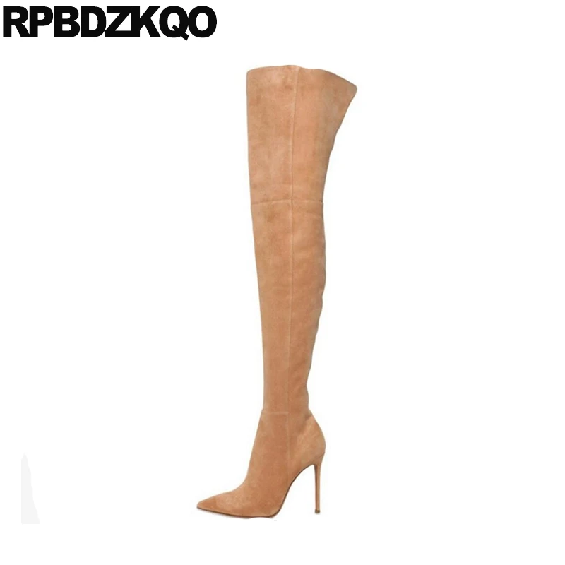 extreme pointed toe high heel slim tall shoes fetish fashion 10 big size stiletto brown over the knee thigh boots for plus women